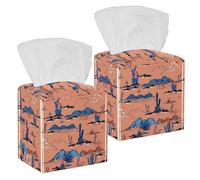 2PCS Square Tissue Box Cover, Cactus on Desert Blooming Succulents Flower Leather Tissue Case Facial Paper Organizer Dispenser for Vanity Toilet Tank Dresser Night Stand Table Countertop Office Car