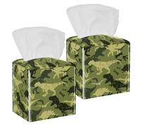 2PCS Square Tissue Box Cover, Camouflage Dino Original Dinosaur Pattern Leather Tissue Case Facial Paper Organizer Dispenser for Vanity Toilet Tank Dresser Night Stand Table Countertop Office Car