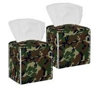 2PCS Square Tissue Box Cover, Camouflage Woodland Texture Leather Tissue Case Facial Paper Organizer Dispenser for Vanity Dresser Night Stand Table Countertop Office Car