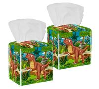 2PCS Square Tissue Box Cover, Cartoon Happy Dinosaur Leather Tissue Case Facial Paper Organizer Dispenser for Vanity Toilet Tank Dresser Night Stand Table Countertop Office Car