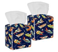 2PCS Square Tissue Box Cover, Cartoon Space Car Navy Background Leather Tissue Case Facial Paper Organizer Dispenser for Vanity Toilet Tank Dresser Night Stand Table Countertop Office Car
