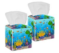 2PCS Square Tissue Box Cover, Cartoon Turtle Underwater Fish Jellyfish Crabs Coral Leather Tissue Case Facial Paper Organizer Dispenser for Vanity Toilet Tank Dresser Night Stand Table Countertop