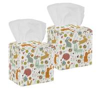 2PCS Square Tissue Box Cover, Cat Bunnies Birds Flowers Rabbit in Forest Pattern Leather Tissue Case Facial Paper Organizer Dispenser for Vanity Toilet Tank Dresser Night Stand Table Countertop