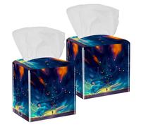 2PCS Square Tissue Box Cover, Child Holding Balloons Standing in Fantasy Storm Illustration Leather Tissue Case Facial Paper Organizer Dispenser for Vanity Dresser Night Stand Table Countertop