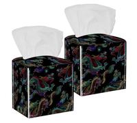 2PCS Square Tissue Box Cover, Chinese Dragons Art Classical Pattern Leather Tissue Case Facial Paper Organizer Dispenser for Vanity Toilet Tank Dresser Night Stand Table Countertop Office Car