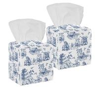 2PCS Square Tissue Box Cover, Chinoiserie Style Horse Animals Tiger Tree Painting Leather Tissue Case Facial Paper Organizer Dispenser for Vanity Toilet Tank Dresser Night Stand Table Countertop