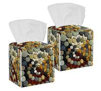 2PCS Square Tissue Box Cover, Circle Pebble Cobblestones Leather Tissue Case Facial Paper Organizer Dispenser for Vanity Toilet Tank Dresser Night Stand Table Countertop Office Car