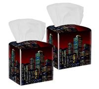 2PCS Square Tissue Box Cover, Cityscape with Group of Skyscrapers Leather Tissue Case Facial Paper Organizer Dispenser for Vanity Toilet Tank Dresser Night Stand Table Countertop Office Car