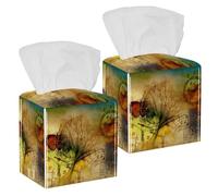 2PCS Square Tissue Box Cover, Clock Butterfly Music Note City Tree Retro Leather Tissue Case Facial Paper Organizer Dispenser for Vanity Toilet Tank Dresser Night Stand Table Countertop Office Car