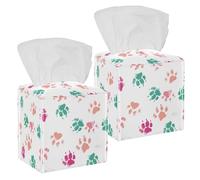 2PCS Square Tissue Box Cover, Colored Dog Paw Footprint Pattern Leather Tissue Case Facial Paper Organizer Dispenser for Vanity Toilet Tank Dresser Night Stand Table Countertop Office Car