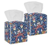 2PCS Square Tissue Box Cover, Colored Old Octopuses Fishes Boats Pattern Leather Tissue Case Facial Paper Organizer Dispenser for Vanity Toilet Tank Dresser Night Stand Table Countertop Office Car