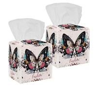 2PCS Square Tissue Box Cover, Colorful Butterfly Ink Spots Grunge Style Fashion Illustration Leather Tissue Case Facial Paper Organizer Dispenser for Vanity Dresser Night Stand Table Office