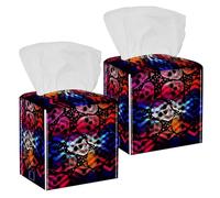2PCS Square Tissue Box Cover, Colorful Crystal Skull Day of The Dead Pattern Leather Tissue Case Facial Paper Organizer Dispenser for Vanity Toilet Tank Dresser Night Stand Table Countertop Office