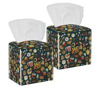 2PCS Square Tissue Box Cover, Colorful Doodle Cartoon Fast Food Pattern Leather Tissue Case Facial Paper Organizer Dispenser for Vanity Toilet Tank Dresser Night Stand Table Countertop Office Car