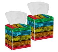 2PCS Square Tissue Box Cover, Colorful Old Rainbow Wooden Planks Pattern Leather Tissue Case Facial Paper Organizer Dispenser for Vanity Toilet Tank Dresser Night Stand Table Countertop Office Car