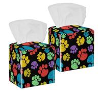 2PCS Square Tissue Box Cover, Colorful Paw Prints Pattern Leather Tissue Case Facial Paper Organizer Dispenser for Vanity Toilet Tank Dresser Night Stand Table Countertop Office Car