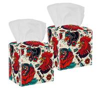 2PCS Square Tissue Box Cover, Colorful Rooster Tiger Rose Leather Tissue Case Facial Paper Organizer Dispenser for Vanity Toilet Tank Dresser Night Stand Table Countertop Office Car