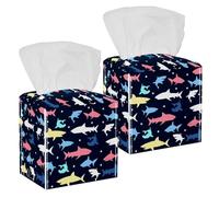 2PCS Square Tissue Box Cover, Colorful Shark Star Underwater Life Pattern Leather Tissue Case Facial Paper Organizer Dispenser for Vanity Toilet Tank Dresser Night Stand Table Countertop Office Car