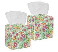 2PCS Square Tissue Box Cover, Colorful Spring Rose Daisy Flower Leather Tissue Case Facial Paper Organizer Dispenser for Vanity Toilet Tank Dresser Night Stand Table Countertop Office Car