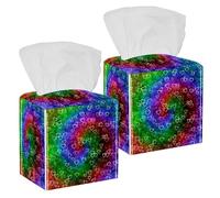 2PCS Square Tissue Box Cover, Colorful Swirl Love Heart Leather Tissue Case Facial Paper Organizer Dispenser for Vanity Toilet Tank Dresser Night Stand Table Countertop Office Car
