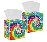 2PCS Square Tissue Box Cover, Colorful Tie Dye Background Pattern Leather Tissue Case Facial Paper Organizer Dispenser for Vanity Toilet Tank Dresser Night Stand Table Countertop Office Car