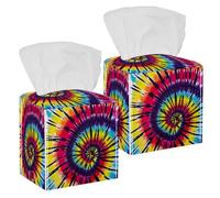 2PCS Square Tissue Box Cover, Colorful Tie Dye Spiral Swirl Pattern Leather Tissue Case Facial Paper Organizer Dispenser for Vanity Dresser Night Stand Table Countertop Office Car