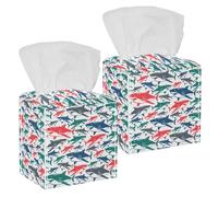 2PCS Square Tissue Box Cover, Colorful Underwater Life Shark Pattern Leather Tissue Case Facial Paper Organizer Dispenser for Vanity Toilet Tank Dresser Night Stand Table Countertop Office Car