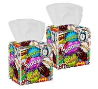 2PCS Square Tissue Box Cover, Comic Speech Bubbles Rocket Alarm Clock Pattern Leather Tissue Case Facial Paper Organizer Dispenser for Vanity Dresser Night Stand Table Countertop Office Car