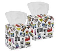 2PCS Square Tissue Box Cover, Compact Cassette Music Tape Pattern Leather Tissue Case Facial Paper Organizer Dispenser for Vanity Toilet Tank Dresser Night Stand Table Countertop Office Car