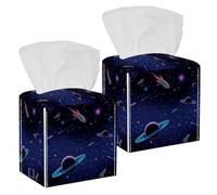 2PCS Square Tissue Box Cover, Cosmic Pattern Planets Stars Leather Tissue Case Facial Paper Organizer Dispenser for Vanity Toilet Tank Dresser Night Stand Table Countertop Office Car