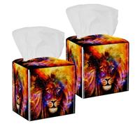 2PCS Square Tissue Box Cover, Cosmic Space Galaxy Lion Space Pattern Leather Tissue Case Facial Paper Organizer Dispenser for Vanity Toilet Tank Dresser Night Stand Table Countertop Office Car