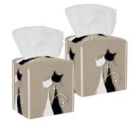 2PCS Square Tissue Box Cover, Couple Cats Together Black White Silhouette Leather Tissue Case Facial Paper Organizer Dispenser for Vanity Toilet Tank Dresser Night Stand Table Countertop Office Car