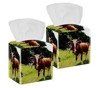 2PCS Square Tissue Box Cover, Cows Grazing Field Leather Tissue Case Facial Paper Organizer Dispenser for Vanity Toilet Tank Dresser Night Stand Table Countertop Office Car