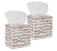 2PCS Square Tissue Box Cover, Cute Animals Bear Dog Penguin Tied Scarf Pattern Leather Tissue Case Facial Paper Organizer Dispenser for Vanity Toilet Tank Dresser Night Stand Table Countertop Office
