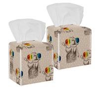 2PCS Square Tissue Box Cover, Cute Animals Camel with Rainbow Glasses Retro Pattern Leather Tissue Case Facial Paper Organizer Dispenser for Vanity Toilet Tank Dresser Night Stand Table Countertop