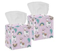 2PCS Square Tissue Box Cover, Cute Animals Cartoon Llama Alpaca Cactus Pattern Leather Tissue Case Facial Paper Organizer Dispenser for Vanity Toilet Tank Dresser Night Stand Table Countertop Office