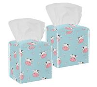 2PCS Square Tissue Box Cover, Cute Animals Cows Flowers Pattern Leather Tissue Case Facial Paper Organizer Dispenser for Vanity Dresser Night Stand Table Countertop Office Car
