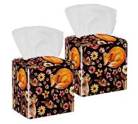 2PCS Square Tissue Box Cover, Cute Animals Fawn Sleeping Fox Birds Flowers Petals Leaves Natural Leather Tissue Case Facial Paper Organizer Dispenser for Vanity Dresser Night Stand Table Countertop