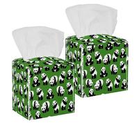 2PCS Square Tissue Box Cover, Cute Animals Panda Green Background Pattern Leather Tissue Case Facial Paper Organizer Dispenser for Vanity Toilet Tank Dresser Night Stand Table Countertop Office Car