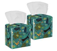 2PCS Square Tissue Box Cover, Cute Cat Bird Flowers Leather Tissue Case Facial Paper Organizer Dispenser for Vanity Toilet Tank Dresser Night Stand Table Countertop Office Car