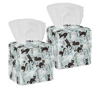 2PCS Square Tissue Box Cover, Cute Cats Cartoon Animals Kitten Flowers Pattern Leather Tissue Case Facial Paper Organizer Dispenser for Vanity Toilet Tank Dresser Night Stand Table Countertop Office