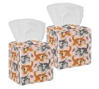 2PCS Square Tissue Box Cover, Cute Cats Orange Grey Kittens Pattern Leather Tissue Case Facial Paper Organizer Dispenser for Vanity Toilet Tank Dresser Night Stand Table Countertop Office Car