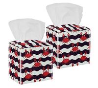 2PCS Square Tissue Box Cover, Cute Crabs and Striped Nautical Pattern Leather Tissue Case Facial Paper Organizer Dispenser for Vanity Toilet Tank Dresser Night Stand Table Countertop Office Car