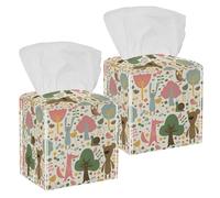 2PCS Square Tissue Box Cover, Cute Forest Animals Flowers Trees Pattern Leather Tissue Case Facial Paper Organizer Dispenser for Vanity Toilet Tank Dresser Night Stand Table Countertop Office Car