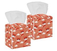 2PCS Square Tissue Box Cover, Cute Fox and Clouds Pattern Leather Tissue Case Facial Paper Organizer Dispenser for Vanity Toilet Tank Dresser Night Stand Table Countertop Office Car