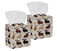 2PCS Square Tissue Box Cover, Cute Funny Animals Deer Elk Pattern Leather Tissue Case Facial Paper Organizer Dispenser for Vanity Toilet Tank Dresser Night Stand Table Countertop Office Car