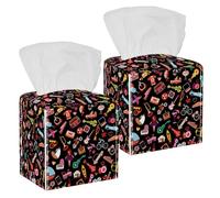 2PCS Square Tissue Box Cover, Cute Guitar Bas Drink Ship Pattern Leather Tissue Case Facial Paper Organizer Dispenser for Vanity Toilet Tank Dresser Night Stand Table Countertop Office Car
