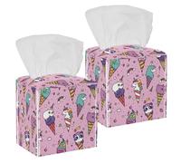 2PCS Square Tissue Box Cover, Cute Ice Cream Cones Animals Unicron Cats Pattern Leather Tissue Case Facial Paper Organizer Dispenser for Vanity Toilet Tank Dresser Night Stand Table Countertop Office