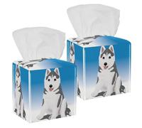 2PCS Square Tissue Box Cover, Cute Little Husky Leather Tissue Case Facial Paper Organizer Dispenser for Vanity Toilet Tank Dresser Night Stand Table Countertop Office Car