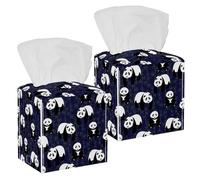 2PCS Square Tissue Box Cover, Cute Panda Bamboo Blue Pattern Leather Tissue Case Facial Paper Organizer Dispenser for Vanity Toilet Tank Dresser Night Stand Table Countertop Office Car